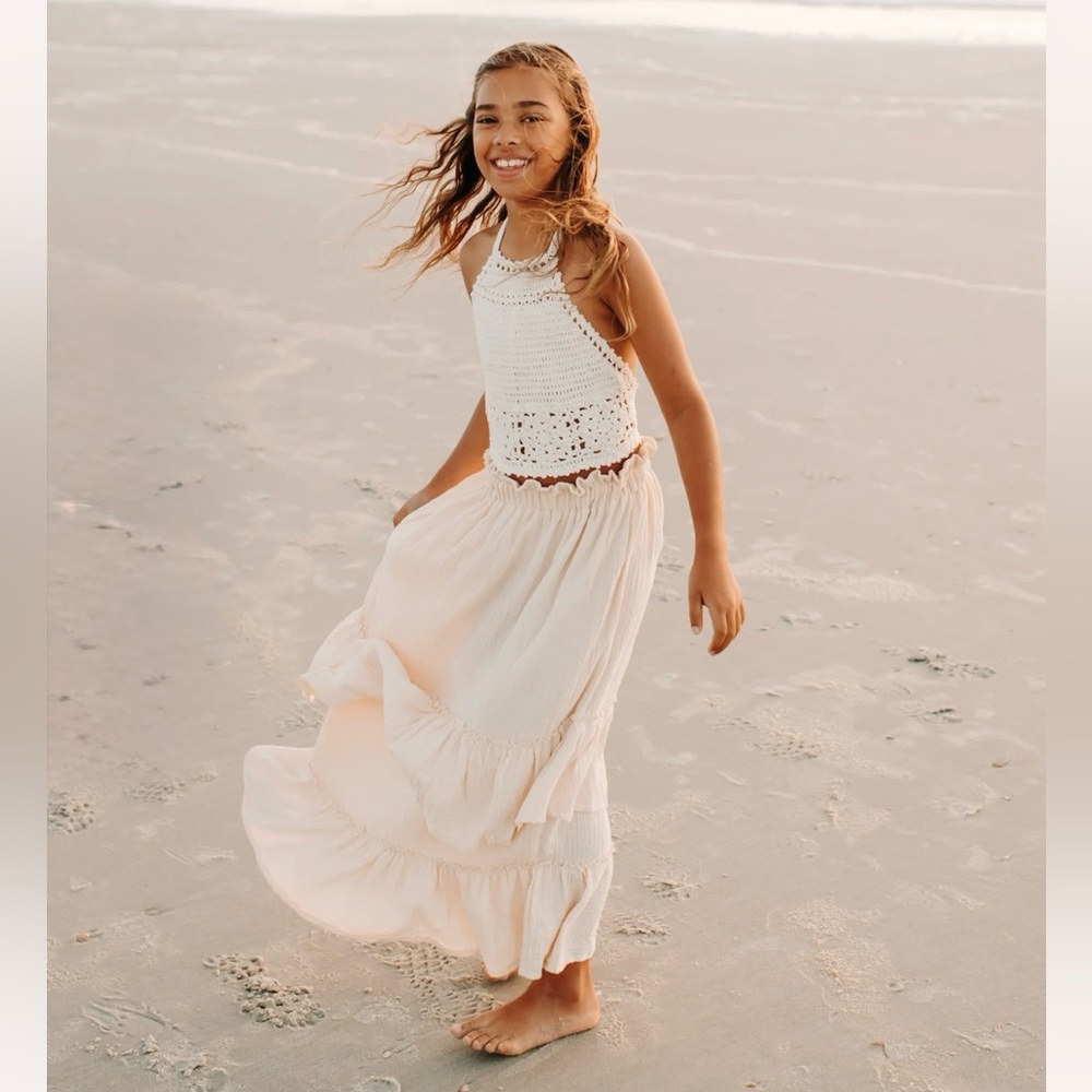 Indie Blue muslin maxi skirt in natural. Girls 8-9T